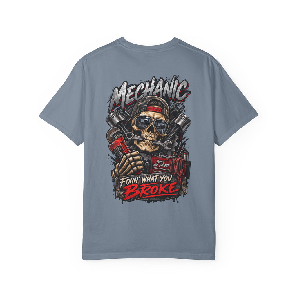 Mechanic T-Shirt — 'Fixin' What You Broke' Skull & Tools Graphic